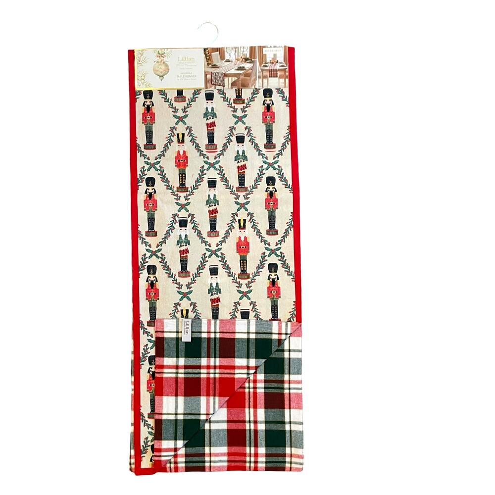 Lillian August Christmas Nutcracker Reversible Table Runner 14x72 Holiday Plaid